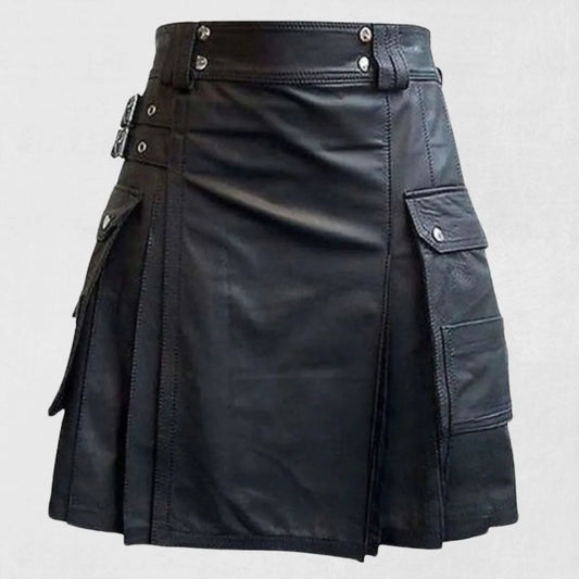 Front view of the premium Scottish black leather kilt, showcasing its smooth leather texture and traditional pleating design.

