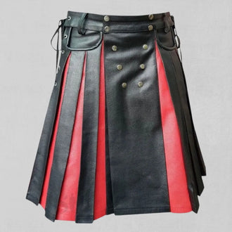 Front view of the premium Scottish black and red gladiator leather kilt, featuring bold straps and high-quality craftsmanship.