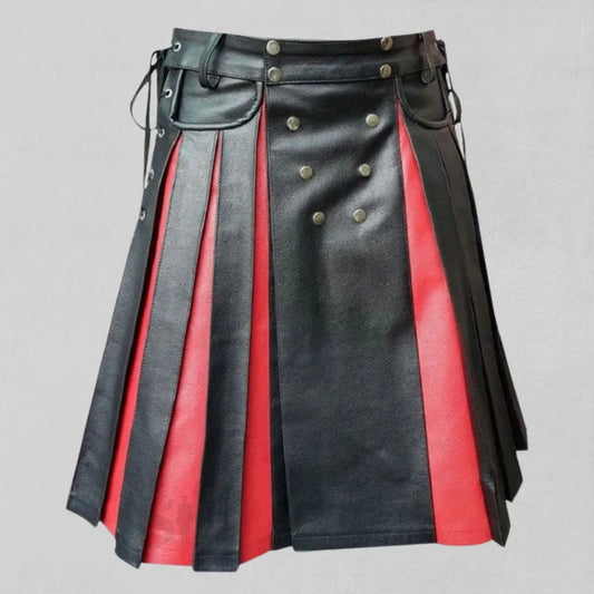Front view of the premium Scottish black and red gladiator leather kilt, featuring bold straps and high-quality craftsmanship.