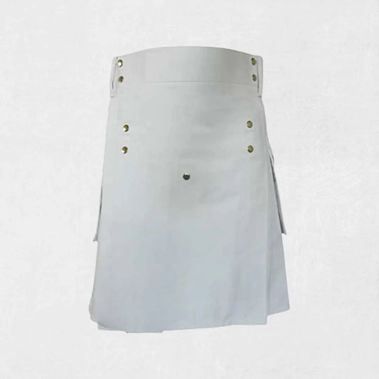Premium Scottish white utility kilt with cargo pockets and adjustable straps
