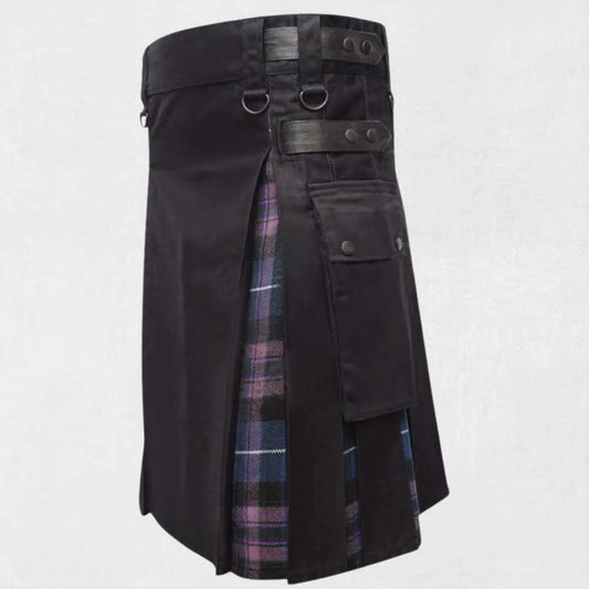 Black cotton hybrid utility kilt with Pride of Scotland tartan pleats