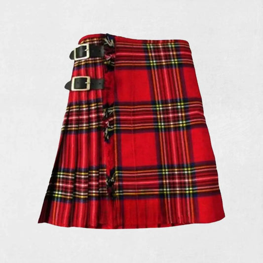 Premium Stewart Tartan Kilt in red with pleated back and leather straps