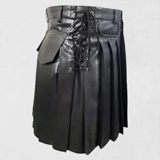 Front view of the premium black Scottish leather kilt, showcasing the smooth leather texture and traditional design with pleating.
