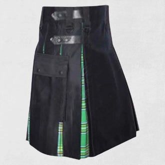 Traditional Scottish black cotton utility kilt with Irish tartan pleats and cargo pockets
