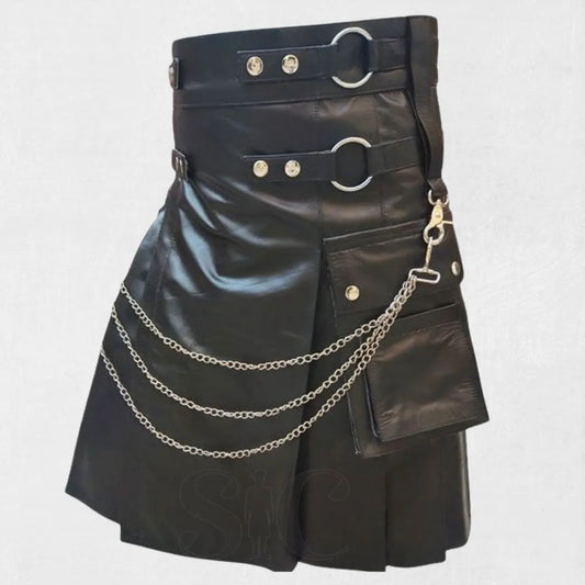 Front view of the premium Scottish black leather kilt, showcasing its smooth leather texture and traditional pleated design.