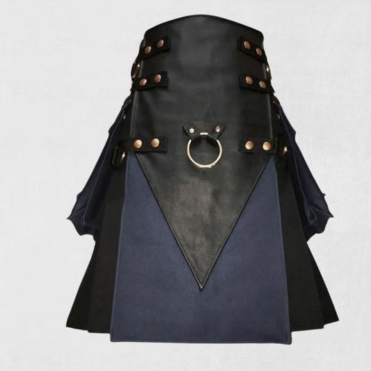 Front view of the premium black leather kilt, showcasing its smooth texture, traditional pleats, and craftsmanship.

