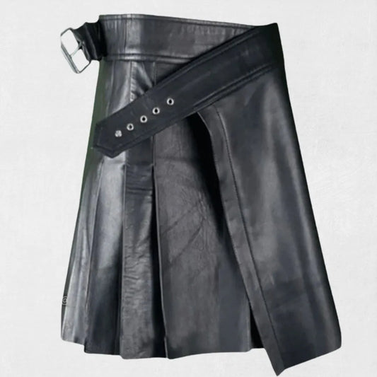 Front view of the premium black leather kilt, showcasing its smooth leather texture, traditional pleats, and high-quality craftsmanship.