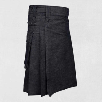 Traditional Scottish black utility kilt with cargo pockets and handmade cotton design
