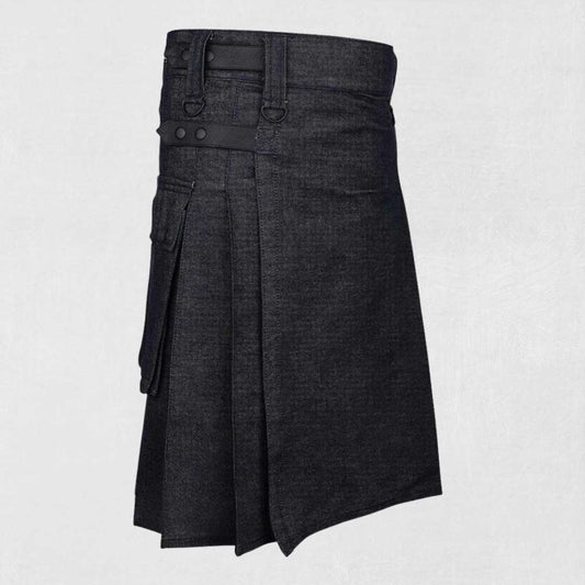 Traditional Scottish black utility kilt with cargo pockets and handmade cotton design
