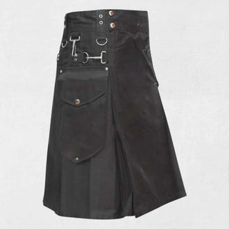 Premium traditional Scottish black utility kilt with cargo pockets and handmade cotton design