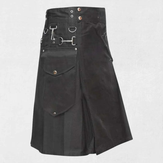 Premium traditional Scottish black utility kilt with cargo pockets and handmade cotton design