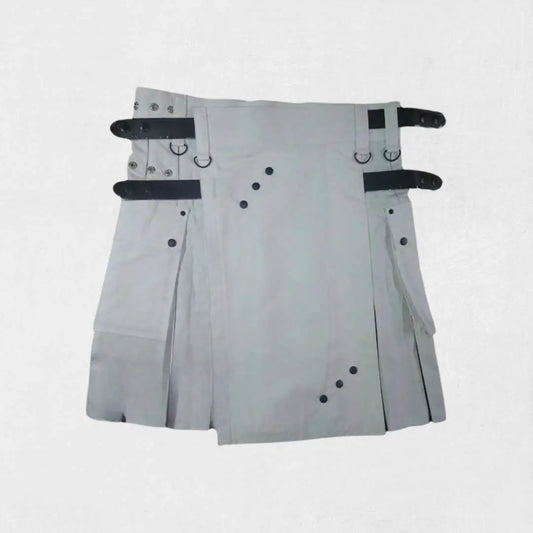 Traditional Scottish black and white utility kilt with pleats and side pockets