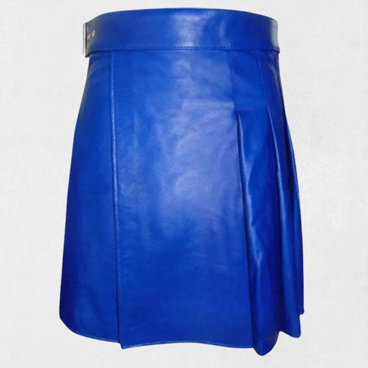Front view of the premium Scottish blue leather kilt, showcasing its vibrant blue color, smooth leather texture, and traditional pleats.