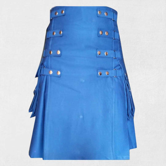 Traditional Scottish blue utility kilt with handmade cotton design and functional cargo pockets
