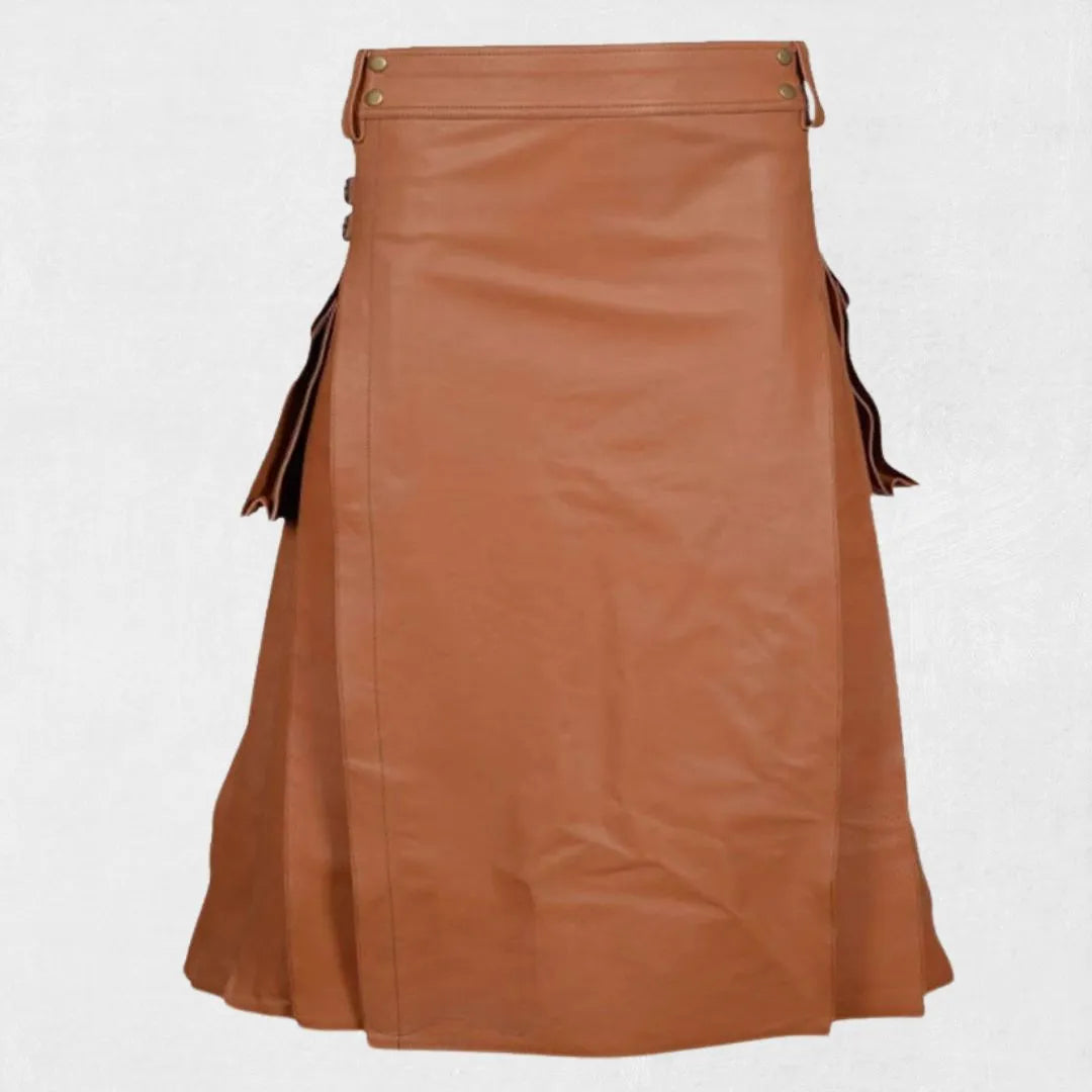Front view of the premium Scottish brown leather kilt, showcasing the rich brown leather texture and traditional pleats.


