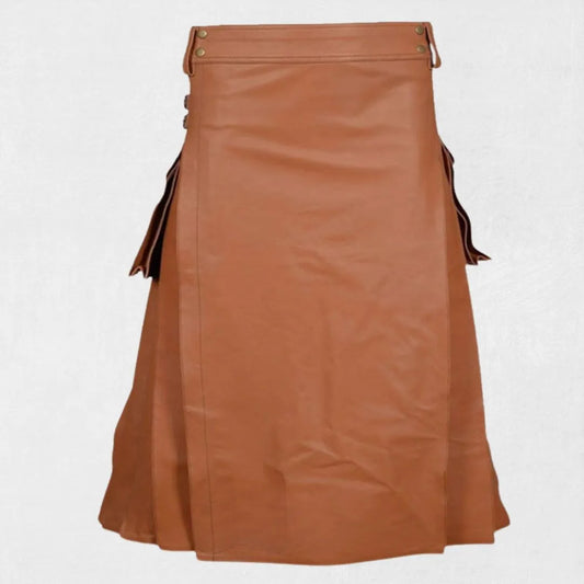 Front view of the premium Scottish brown leather kilt, showcasing the rich brown leather texture and traditional pleats.

