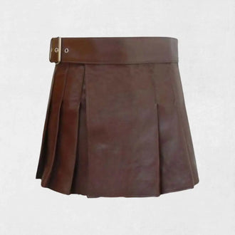 Scottish black women leather kilt with pleated back and buckle straps