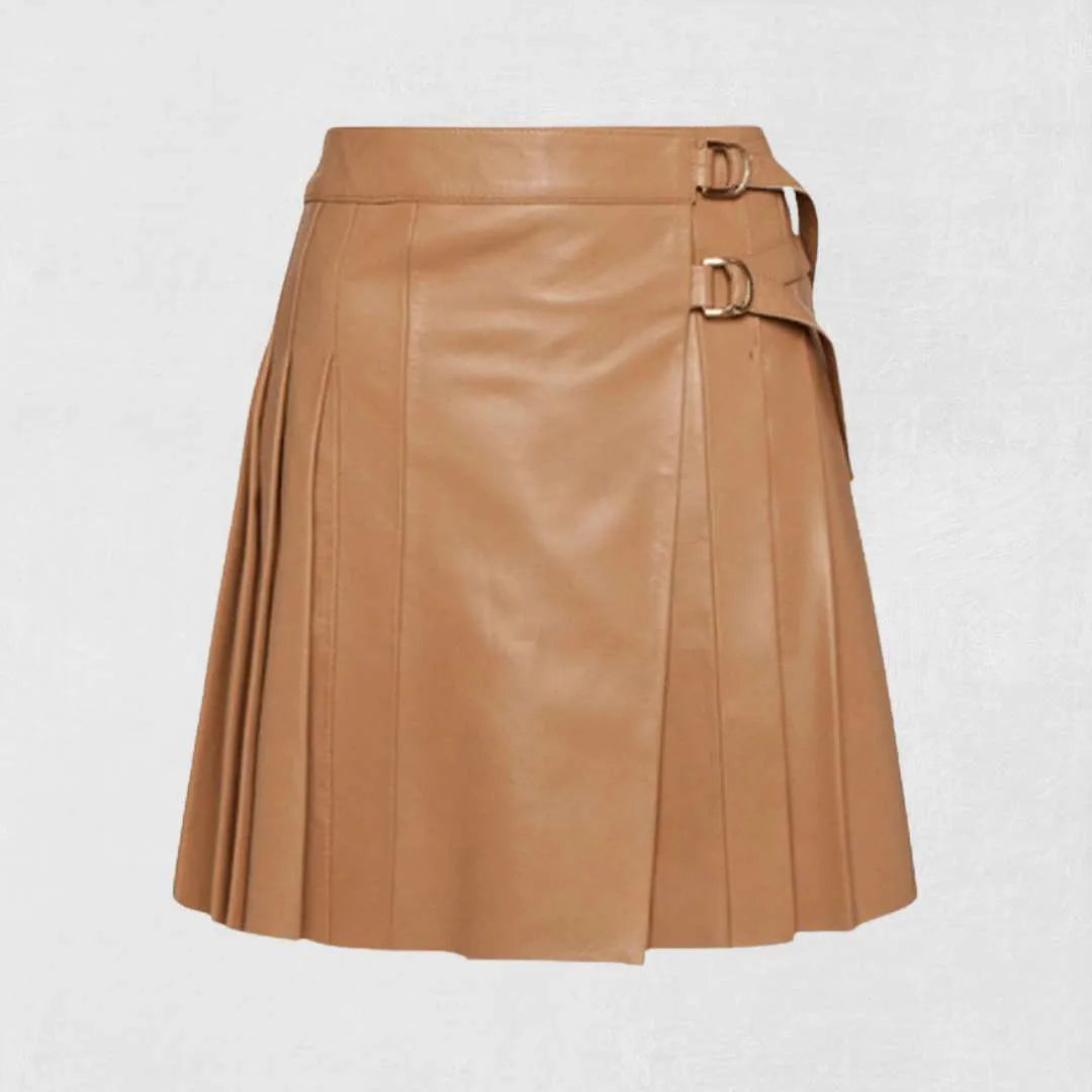 Traditional brown women’s leather kilt handmade in Scottish pleated design