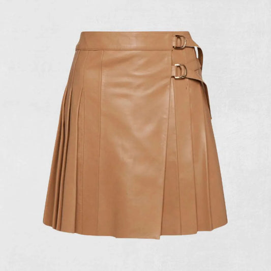 Traditional brown women’s leather kilt handmade in Scottish pleated design