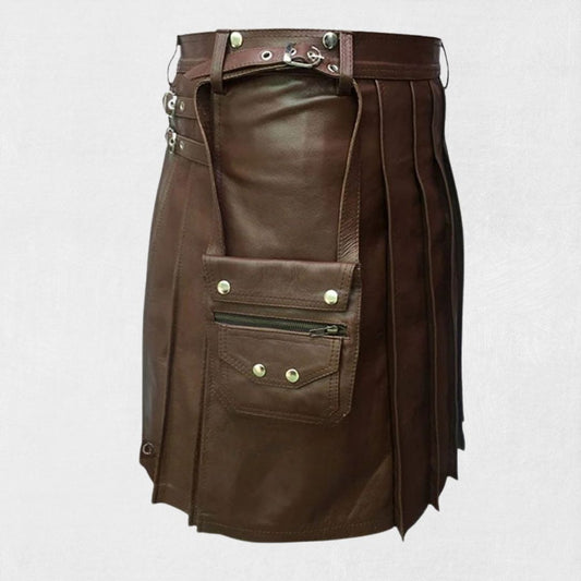 Back view of the traditional Scottish dark brown leather kilt, showcasing the detailed pleating and high-quality leather craftsmanship.