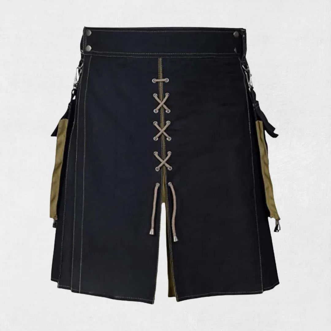 Traditional Scottish hybrid utility kilt with tartan pleats and functional cargo pockets
