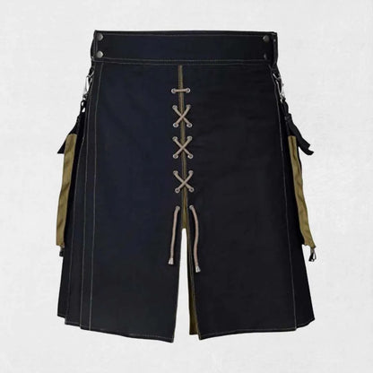 Traditional Scottish hybrid utility kilt with tartan pleats and functional cargo pockets
