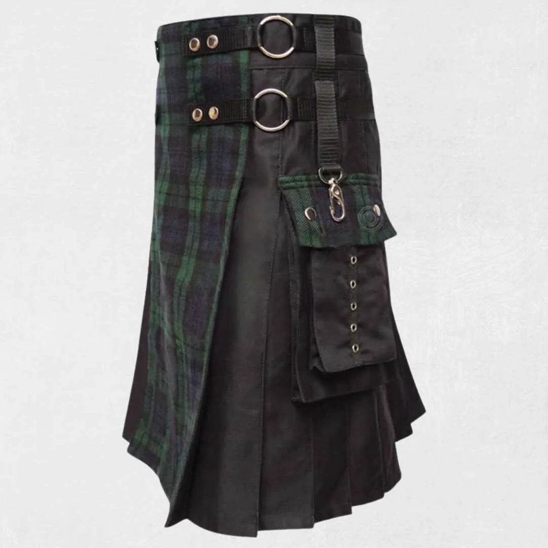 Handmade Scottish hybrid utility kilt with tartan pleats and functional cargo pockets
