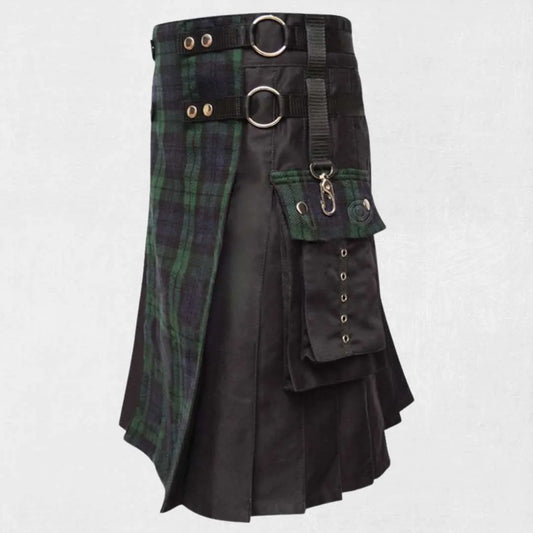Handmade Scottish hybrid utility kilt with tartan pleats and functional cargo pockets
