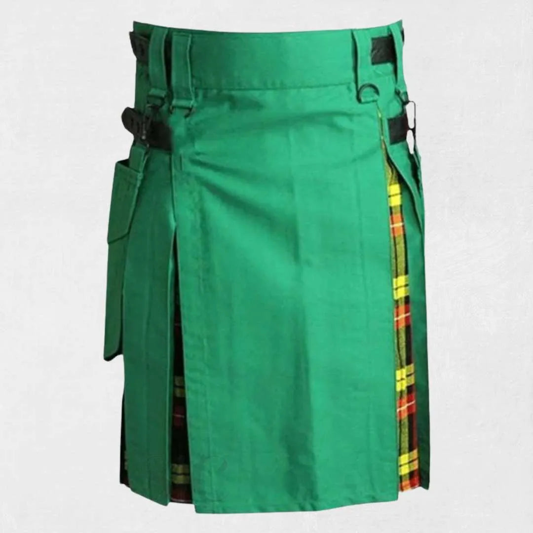Scottish hybrid utility kilt Design with tartan pleats, cargo pockets, and handmade cotton
