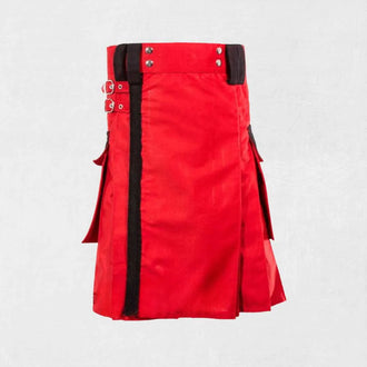Red Utility Kilt in traditional Scottish cotton design with side pockets

