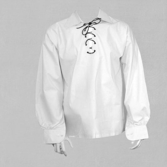 Front view of premium white Jacobite Ghillie shirt with lace-up neckline
