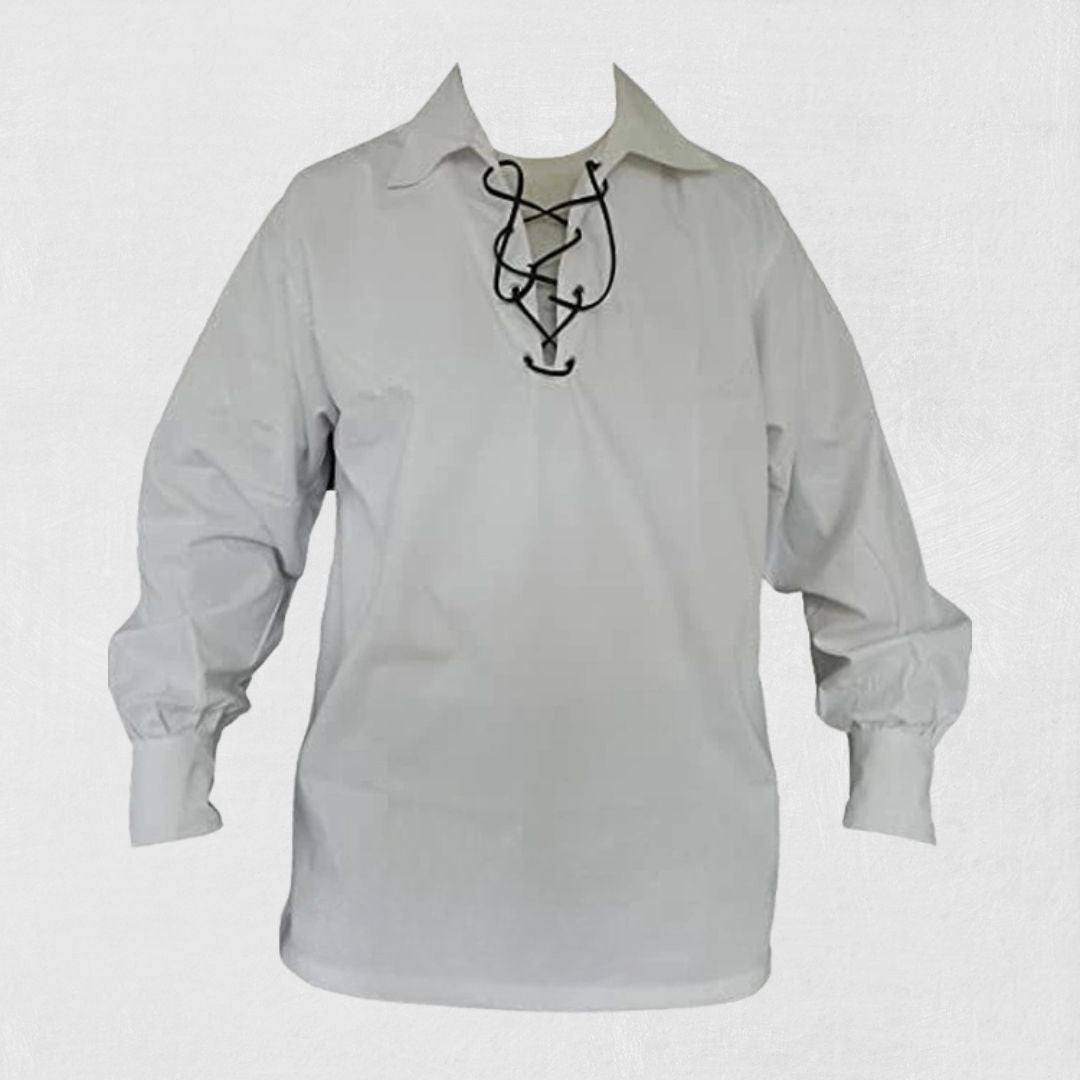 Front view of premium white Jacobite Ghillie shirt with lace-up design
