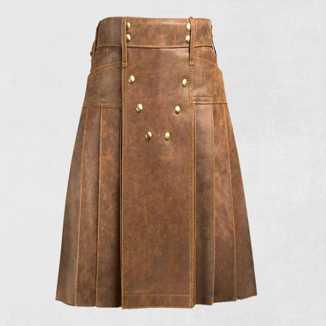 Premium Handmade Brown Leather Kilt Front View - Stylish and Durable