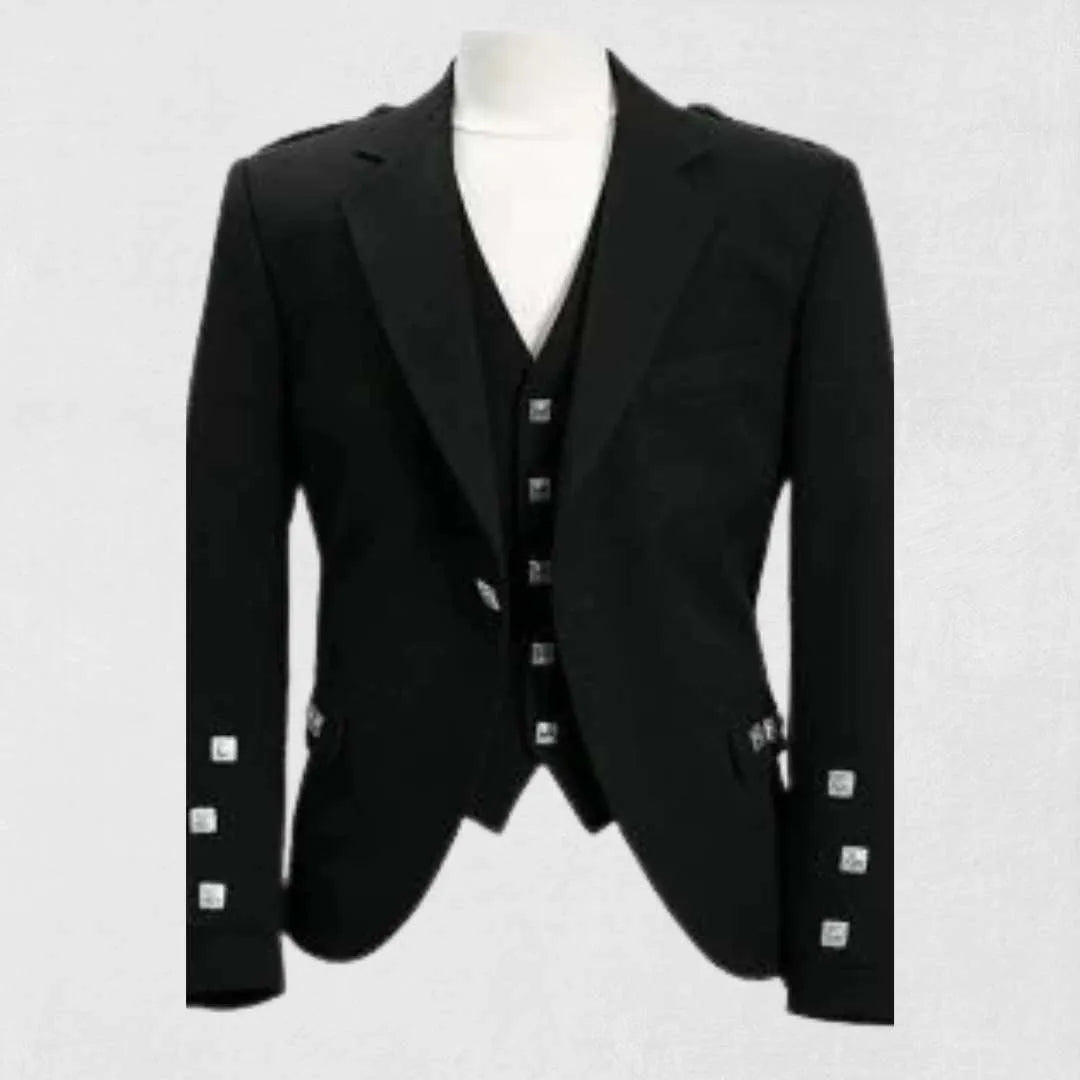 Classic black Argyle kilt jacket with matching five-button vest