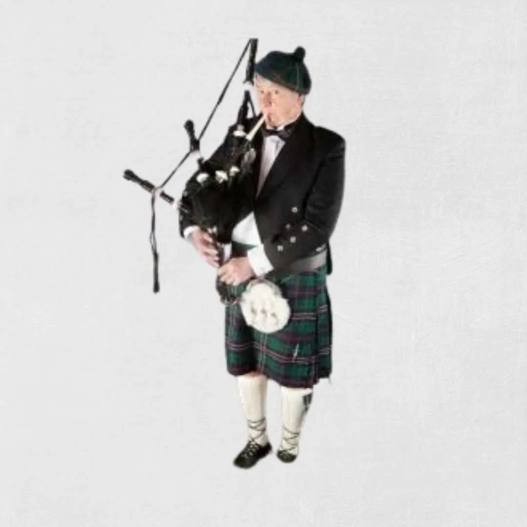 Complete Scottish bagpiper outfit with tartan kilt, jacket, and sporran