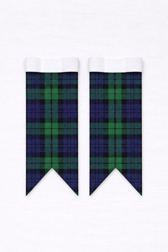 Premium Black Watch tartan flashes worn with traditional Scottish kilt hose for Highland dress