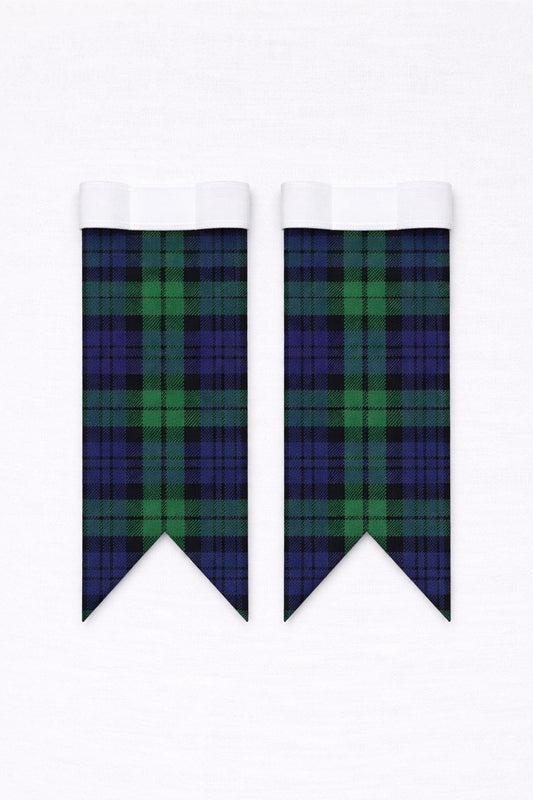 Premium Black Watch tartan flashes worn with traditional Scottish kilt hose for Highland dress