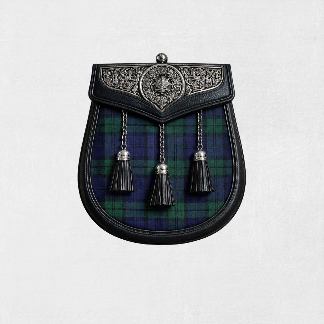 Premium Black Watch tartan sporran with leather backing and traditional tassels for Scottish kilt outfits