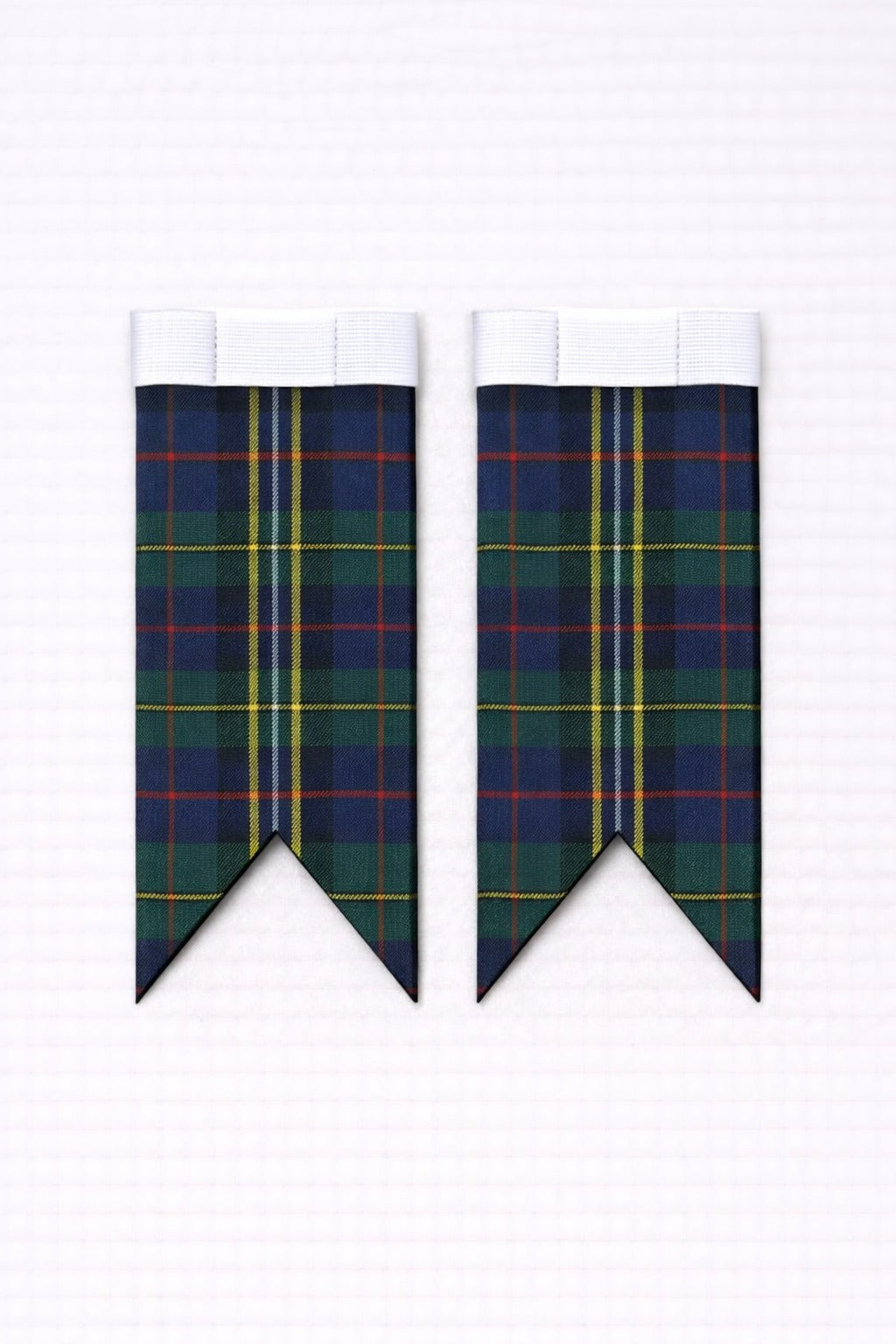 Premium MacCaskill tartan flashes worn with traditional Scottish kilt hose for Highland dress