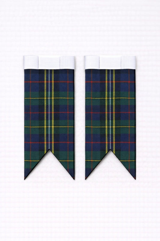 Premium MacCaskill tartan flashes worn with traditional Scottish kilt hose for Highland dress