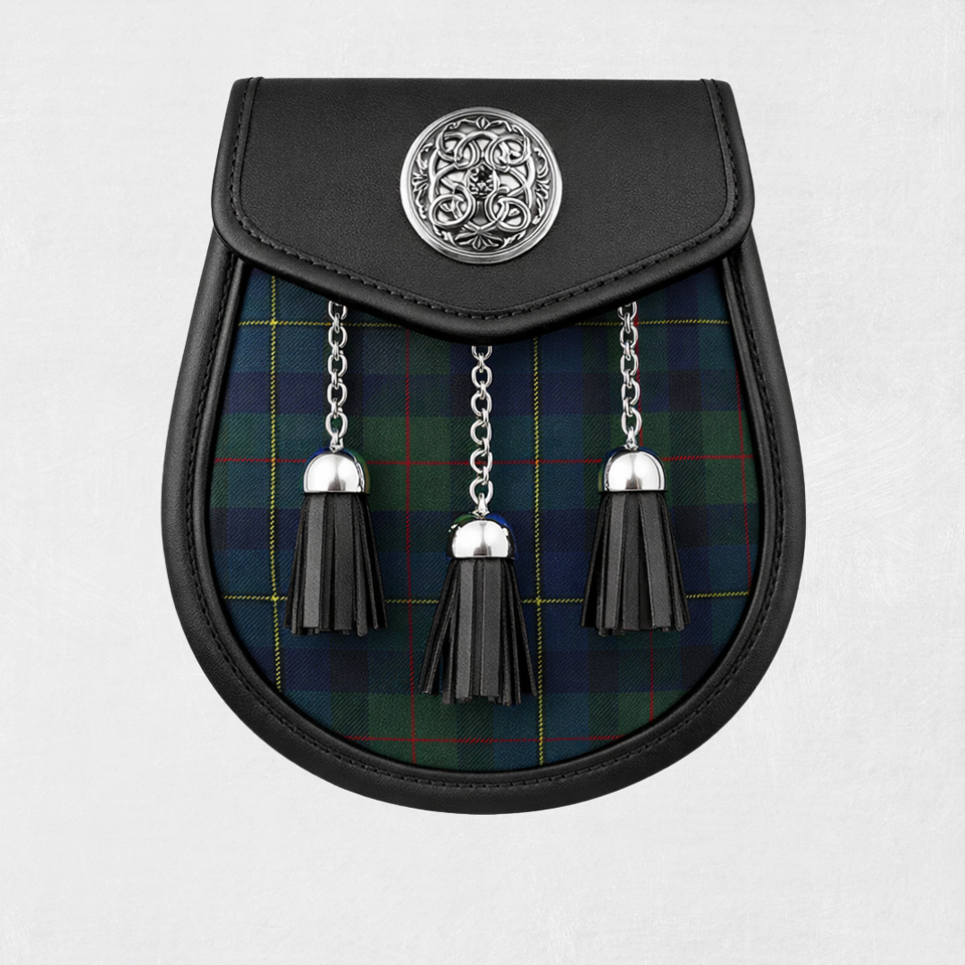 Premium MacCaskill tartan sporran with leather backing and traditional tassels for Scottish kilt outfits