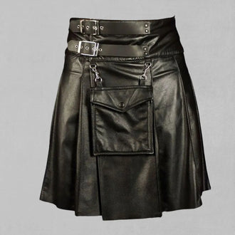  Front view of Premium Quality Hand Made Black Leather Kilt with classic pleats and buckle strap detailing