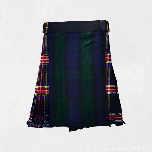 Black Watch and Black Stewart Tartan Kilt with leather strap fastenings