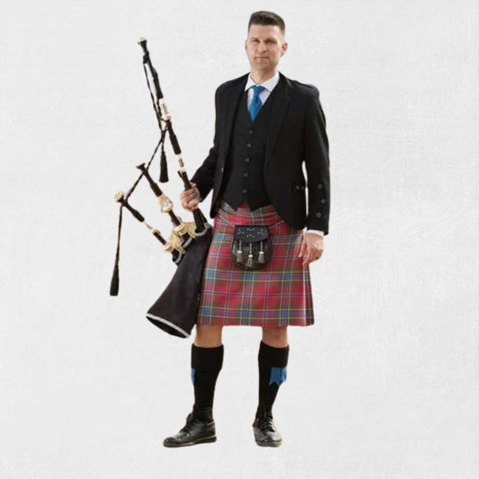 Premium Scottish bagpipe outfit with kilt, jacket, sporran, and accessories
