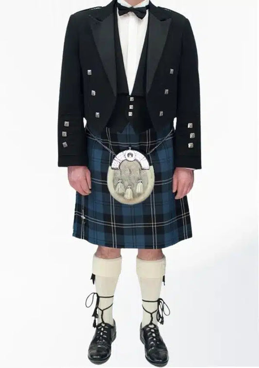 Front view of the Prince Charlie Kilt Outfit for Men, showcasing the elegant black jacket with silver buttons, a matching vest, and the traditional tartan kilt for a formal, refined look.