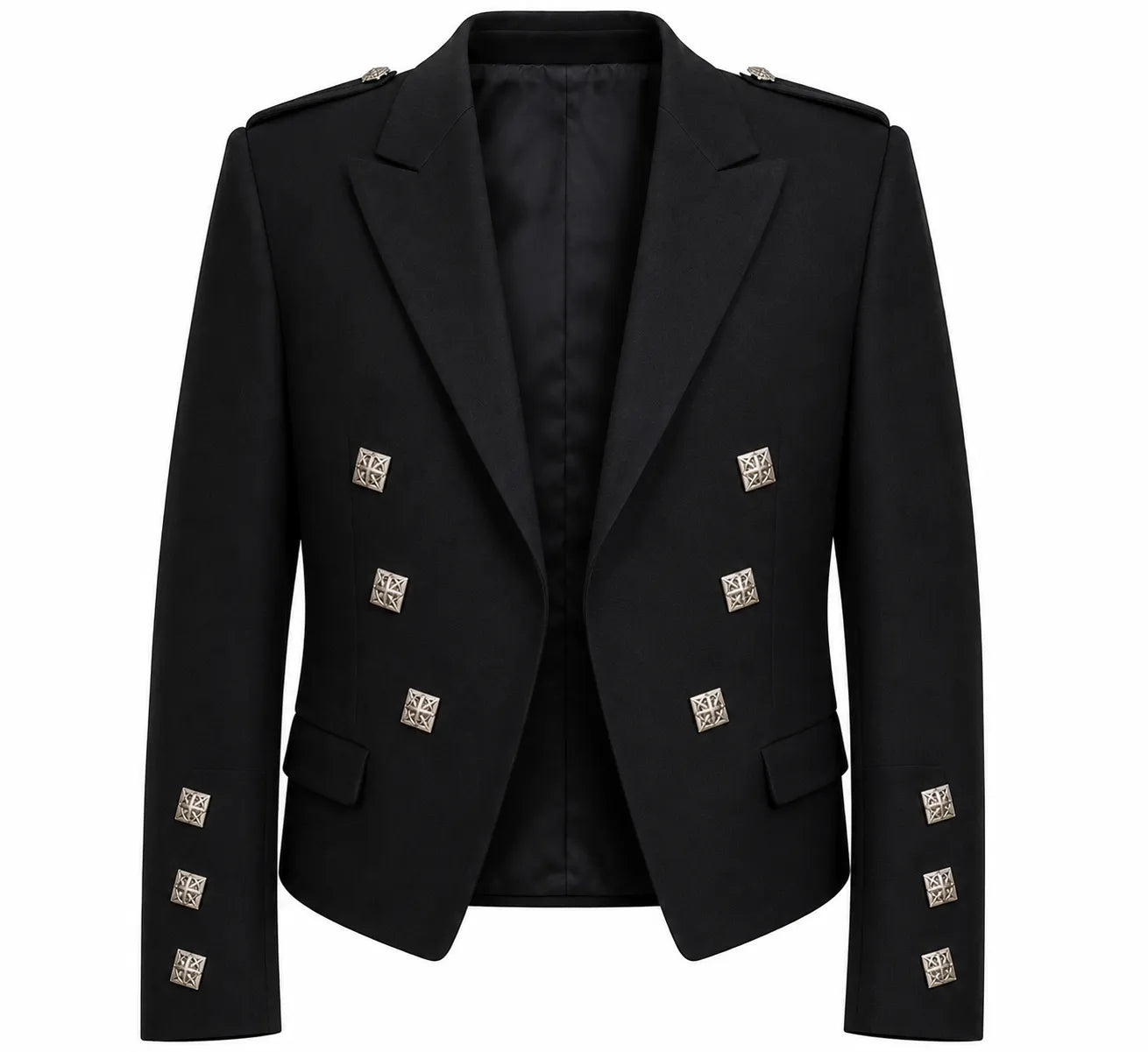 Prince Charlie Jacket in traditional Scottish Highland formal wear with satin lapels and decorative Celtic buttons