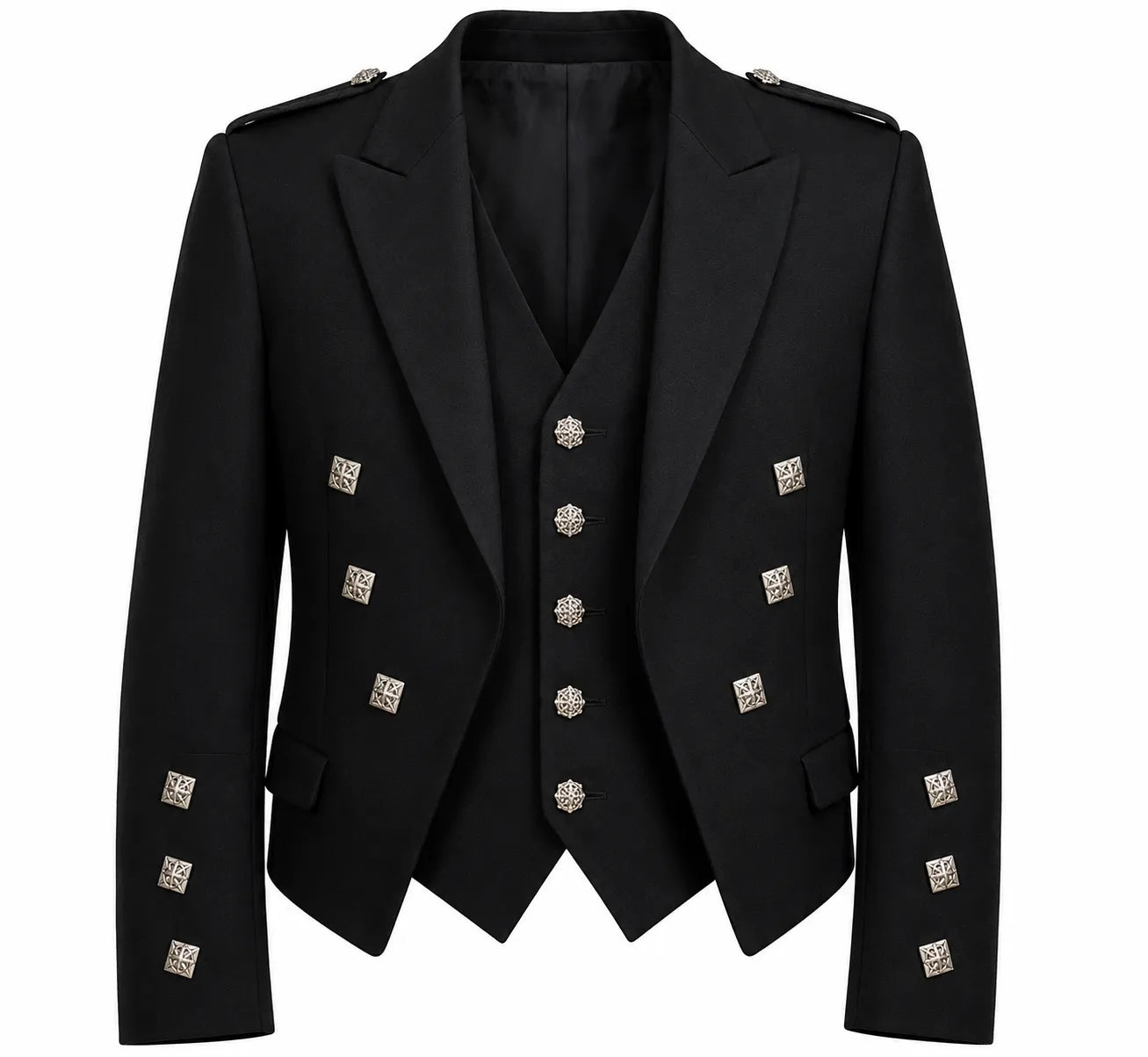 Prince Charlie Jacket with Button Vest in traditional Scottish Highland formal wear with satin lapels and Celtic buttons