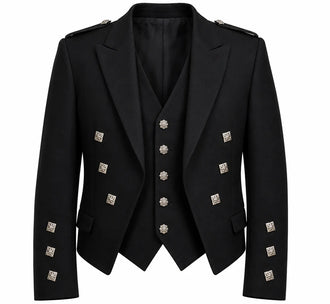 Prince Charlie Jacket with Button Vest in traditional Scottish Highland formal wear with satin lapels and Celtic buttons