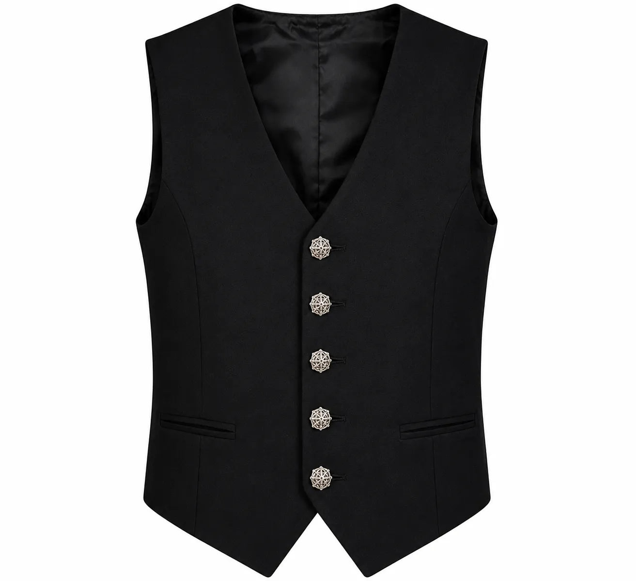 Prince Charlie Vest with traditional five-button design and Celtic buttons for Scottish Highland formal wear