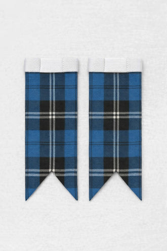 Ramsay Blue tartan flashes worn with traditional Scottish kilt hose for Highland dress